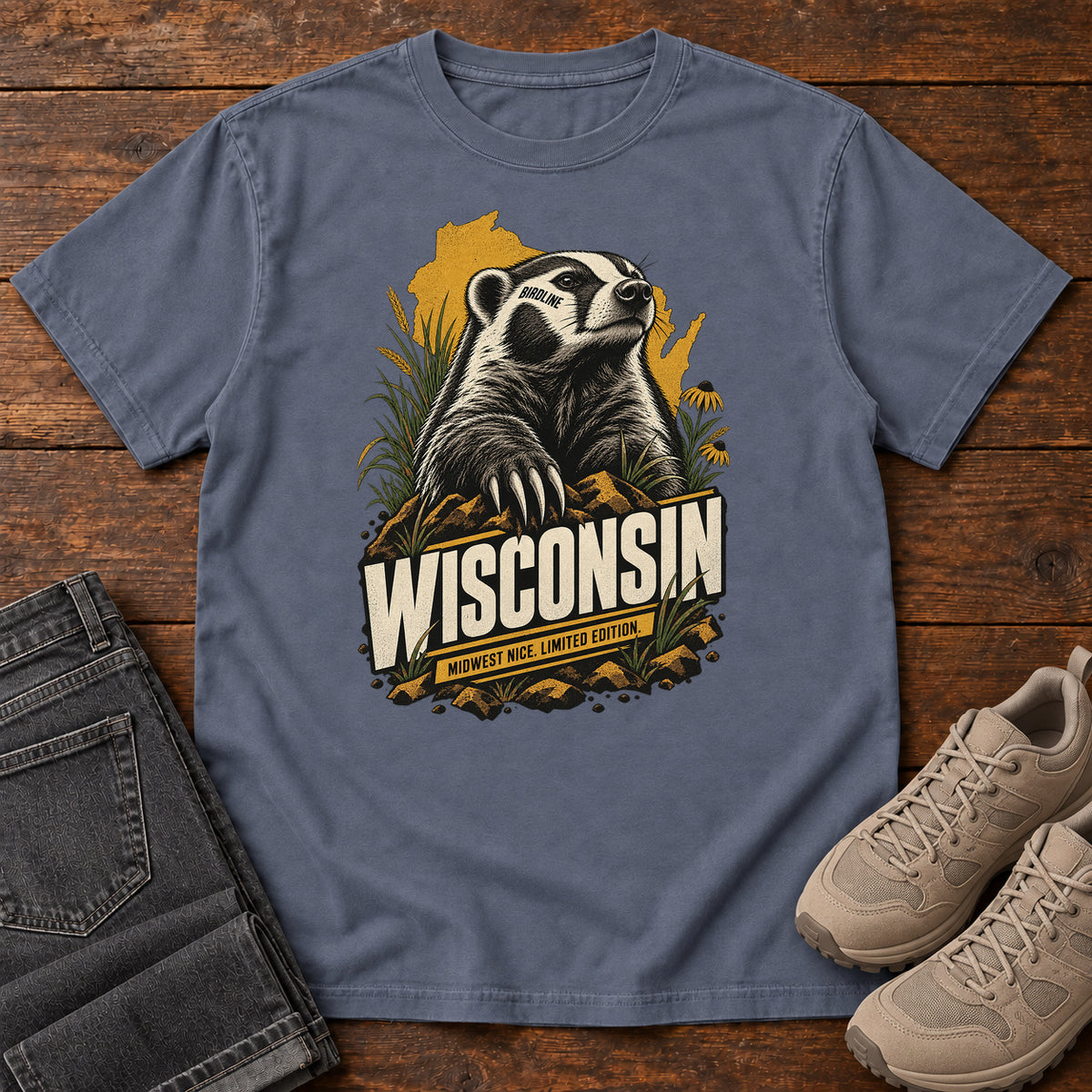 Wisconsin Midwest Nice Limited Edition Badger T-Shirt in Denim