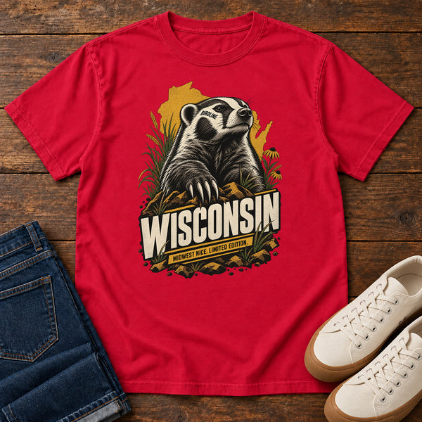 Wisconsin Midwest Nice Limited Edition Badger T-Shirt in Red, front view