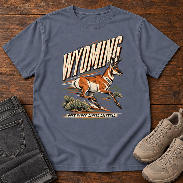 Wyoming Open Range Closed Calendar Pronghorn T-Shirt in Denim, front view