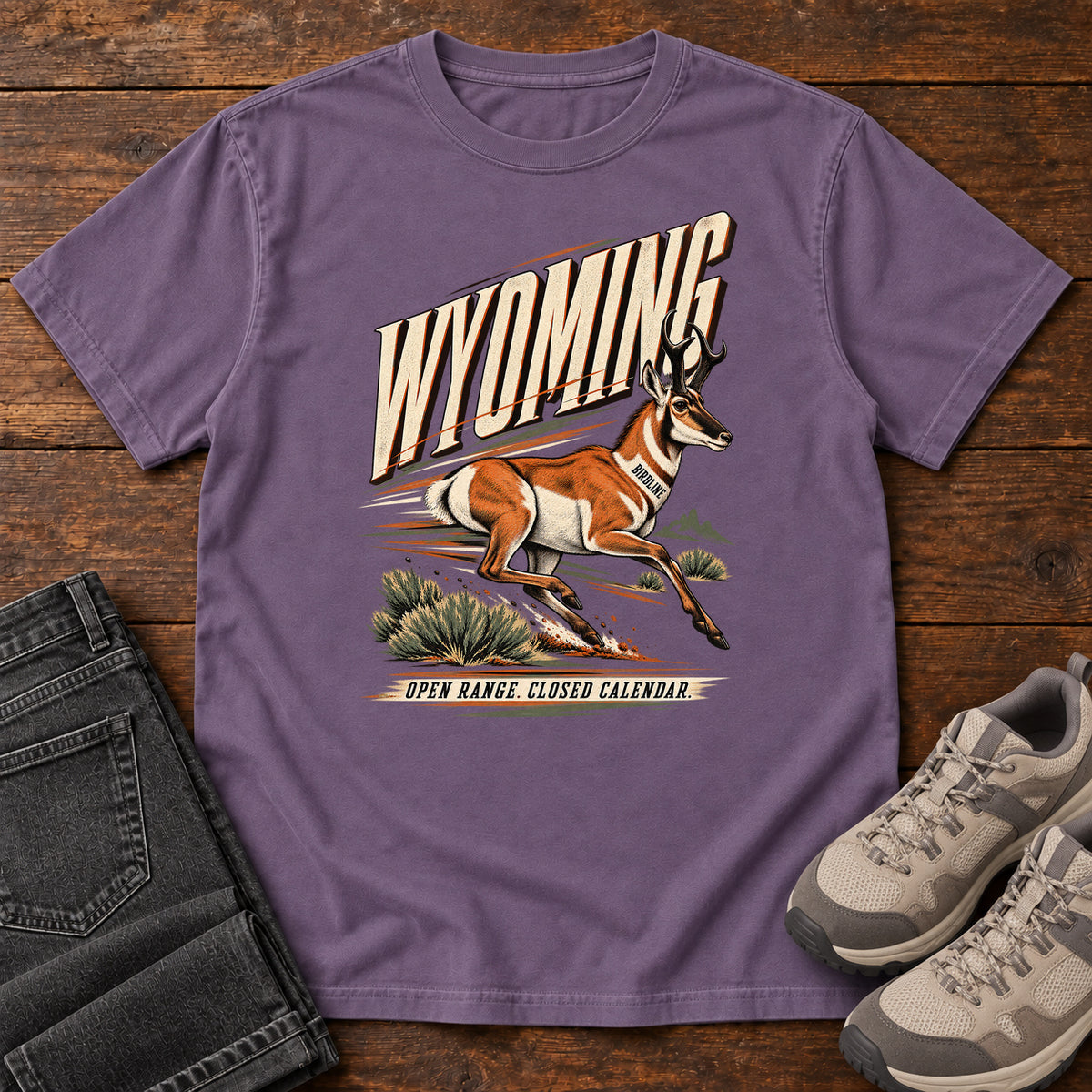 Wyoming Open Range Closed Calendar Pronghorn T-Shirt in Grape