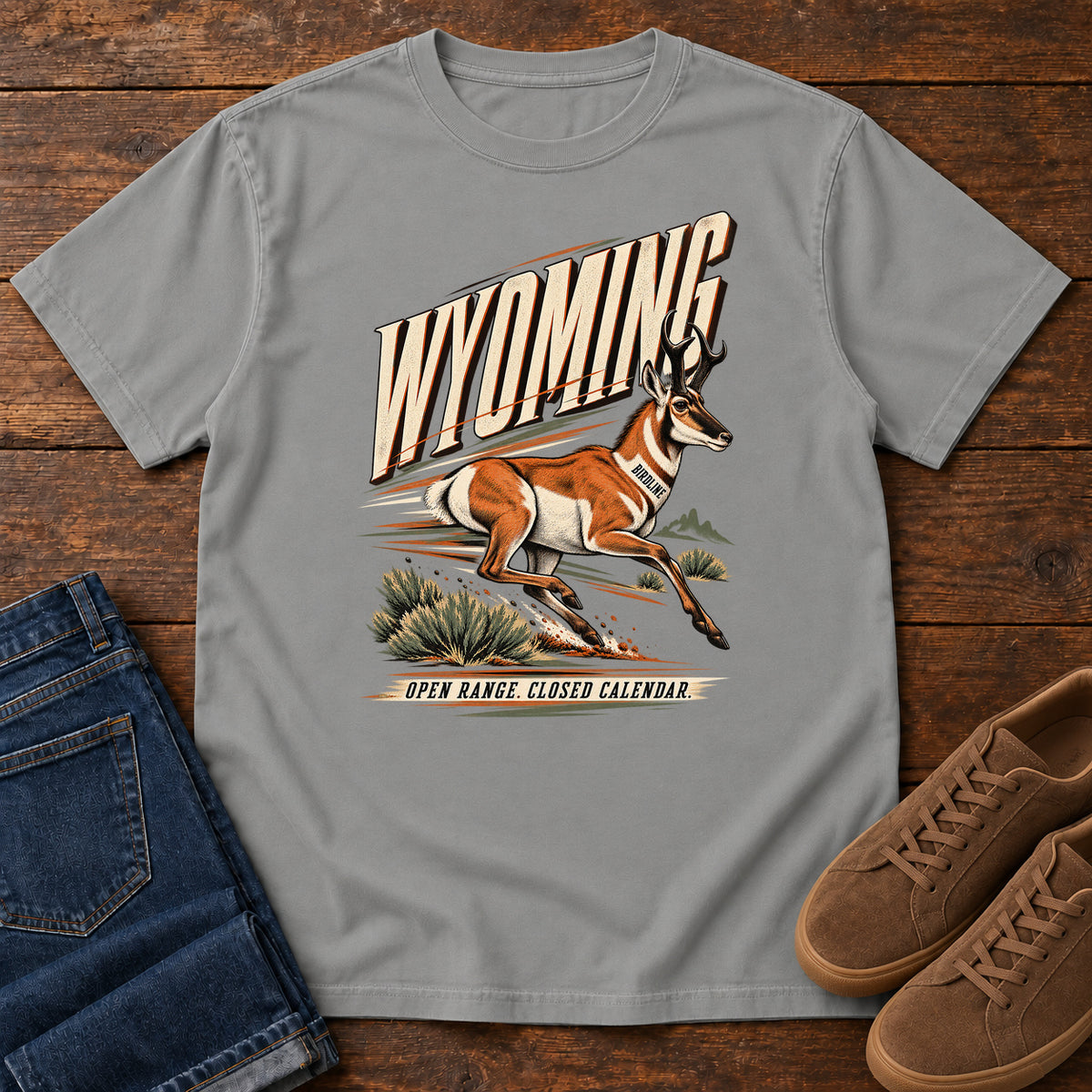 Wyoming Open Range Closed Calendar Pronghorn T-Shirt in Grey
