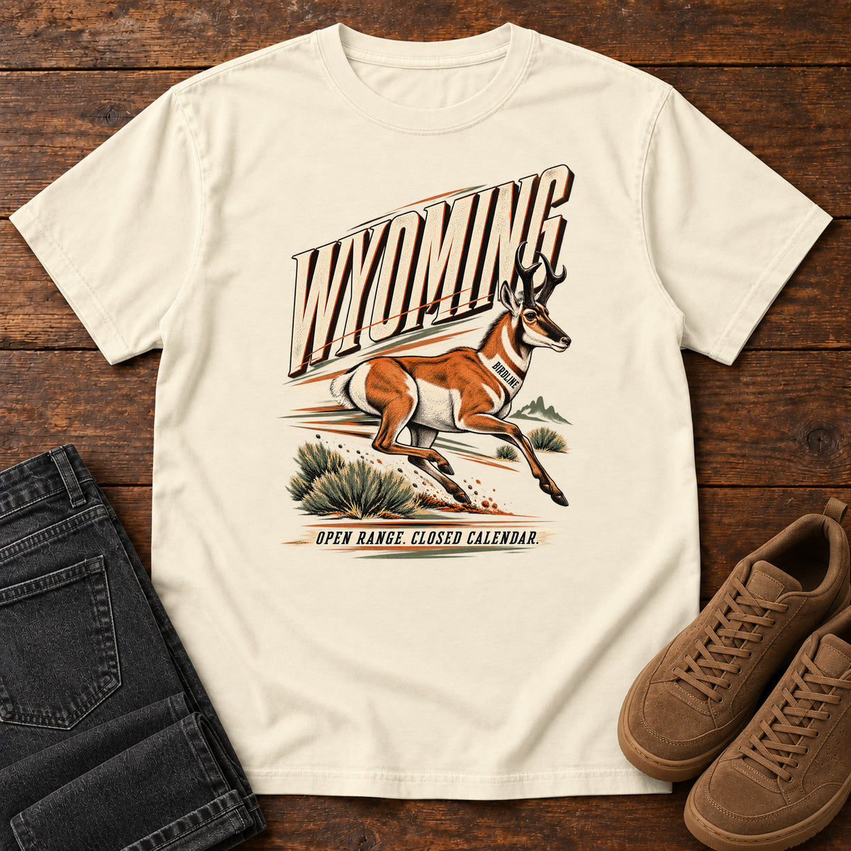 Wyoming Open Range Closed Calendar Pronghorn T-Shirt in Ivory
