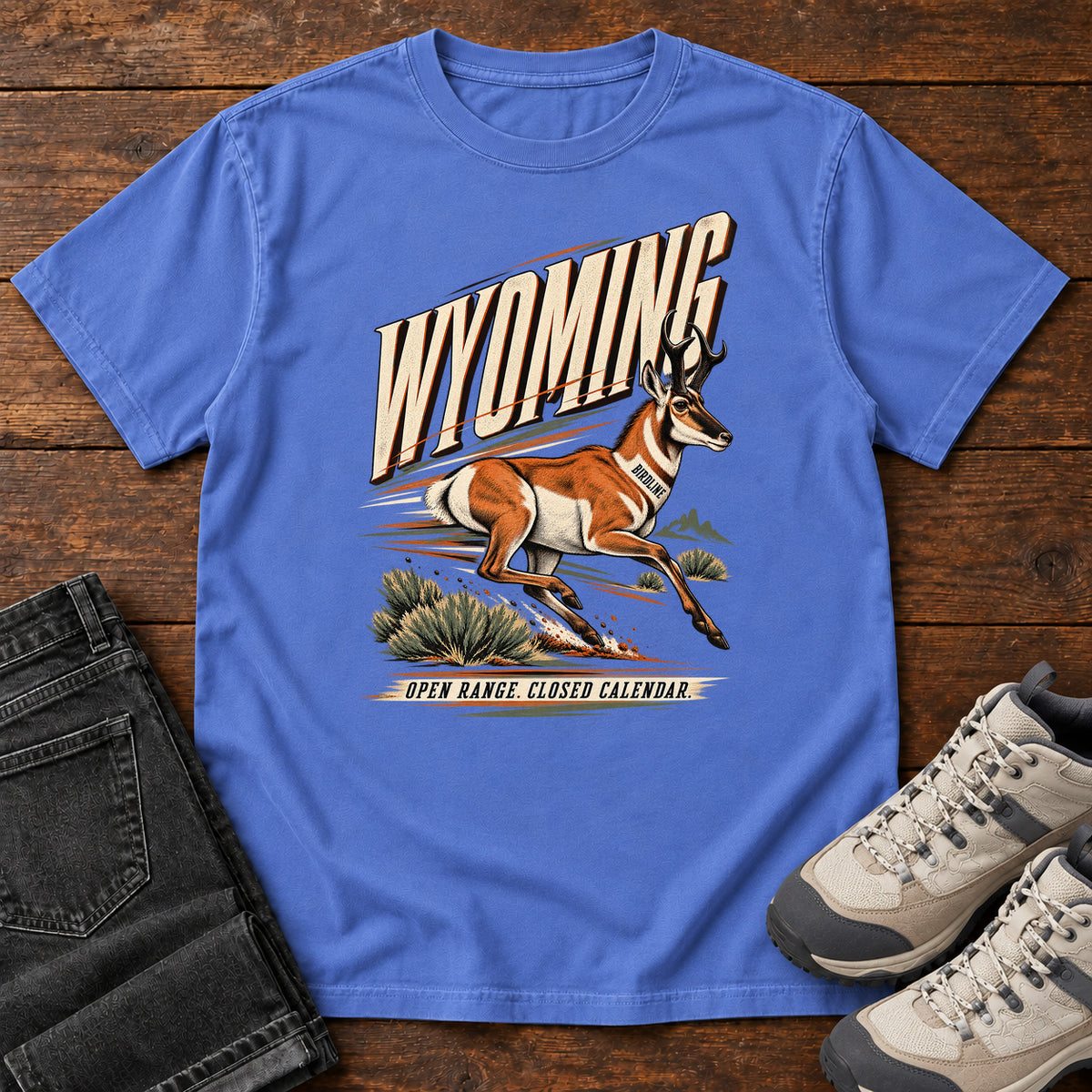 Wyoming Open Range Closed Calendar Pronghorn T-Shirt in Mystic Blue