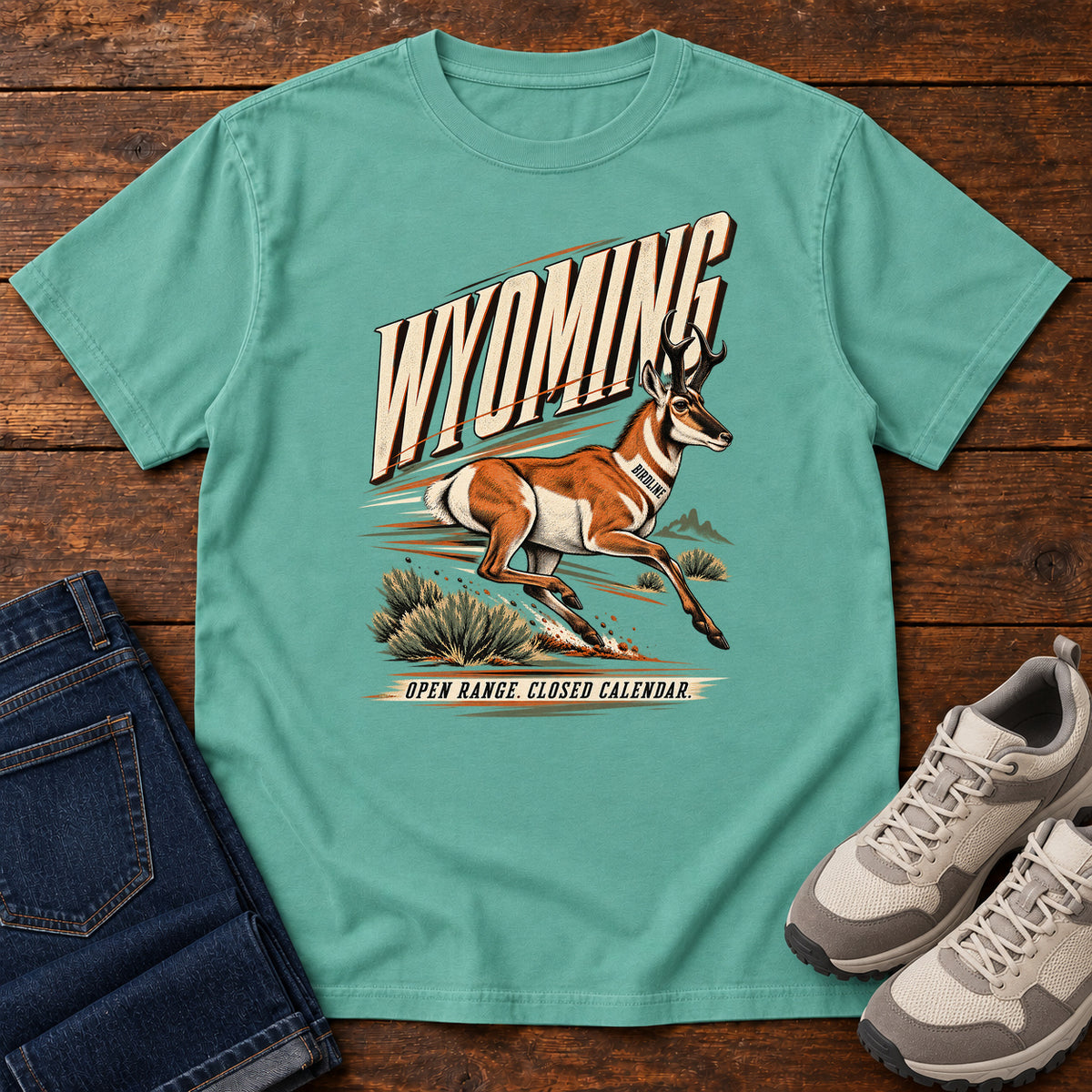 Wyoming Open Range Closed Calendar Pronghorn T-Shirt in Seafoam