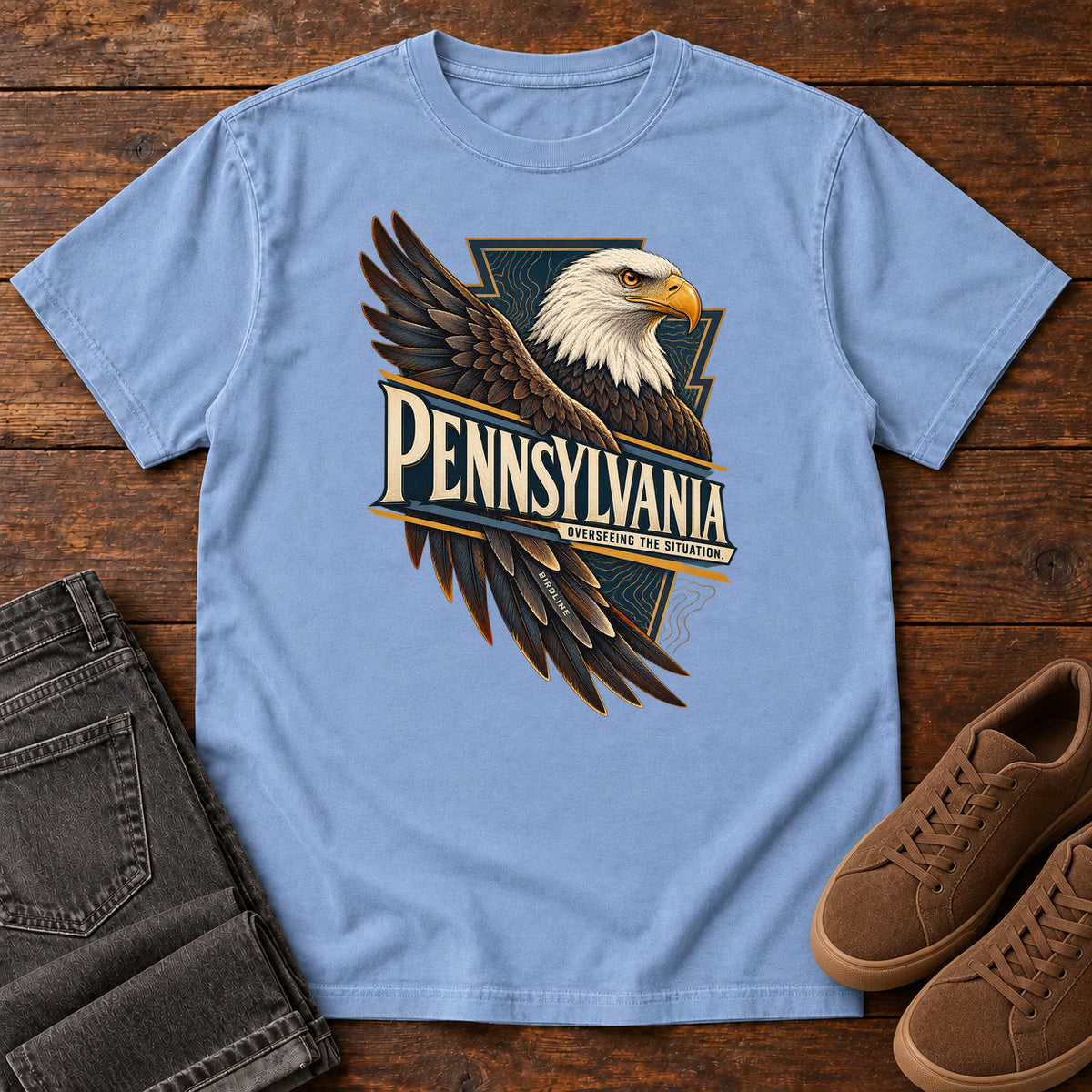 Pennsylvania Overseeing the Situation Eagle T-Shirt in Washed Denim