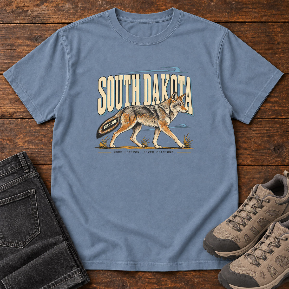 South Dakota More Horizon Fewer Opinions Coyote T-Shirt in Blue Jean