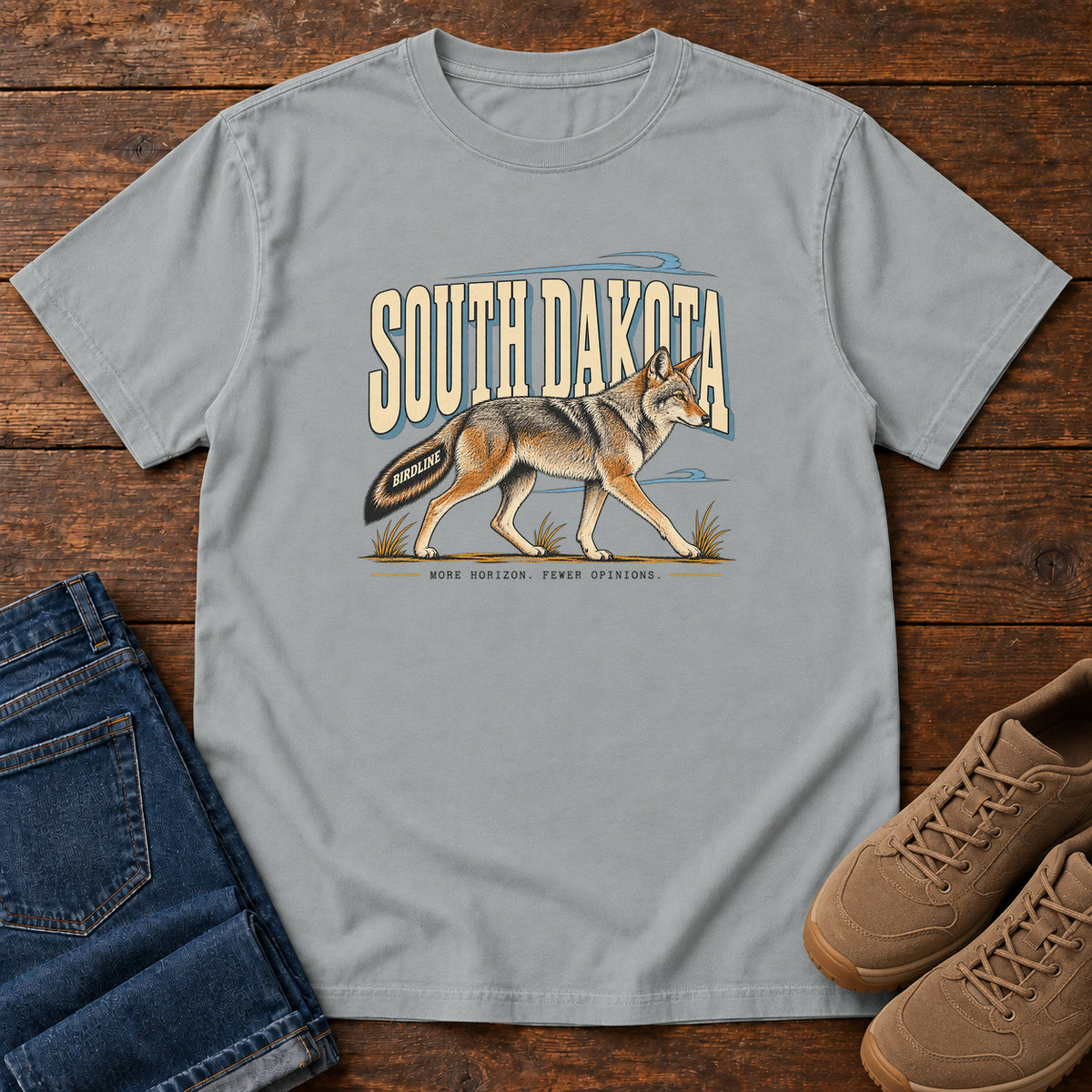 South Dakota More Horizon Fewer Opinions Coyote T-Shirt in Granite