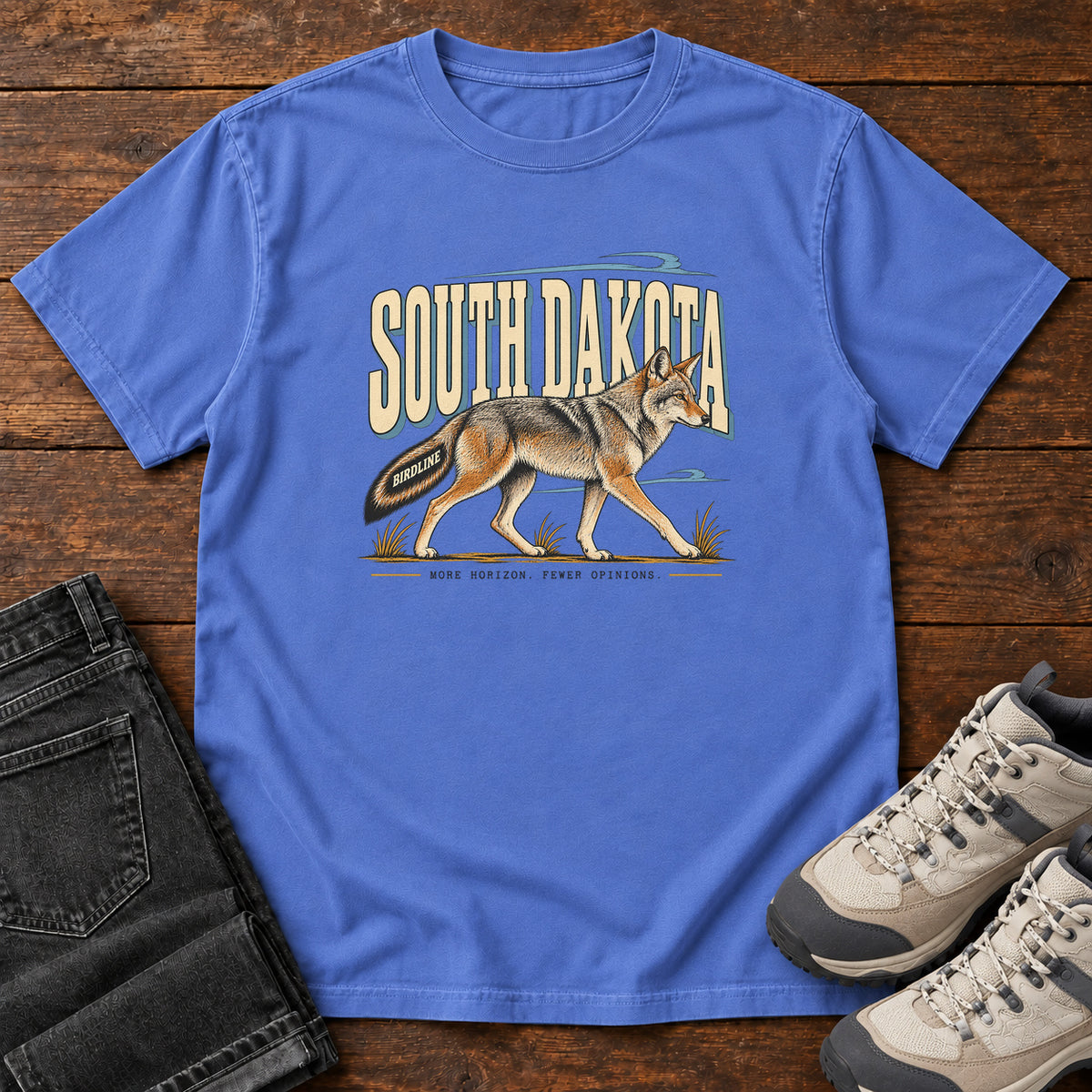 South Dakota More Horizon Fewer Opinions Coyote T-Shirt in Mystic Blue