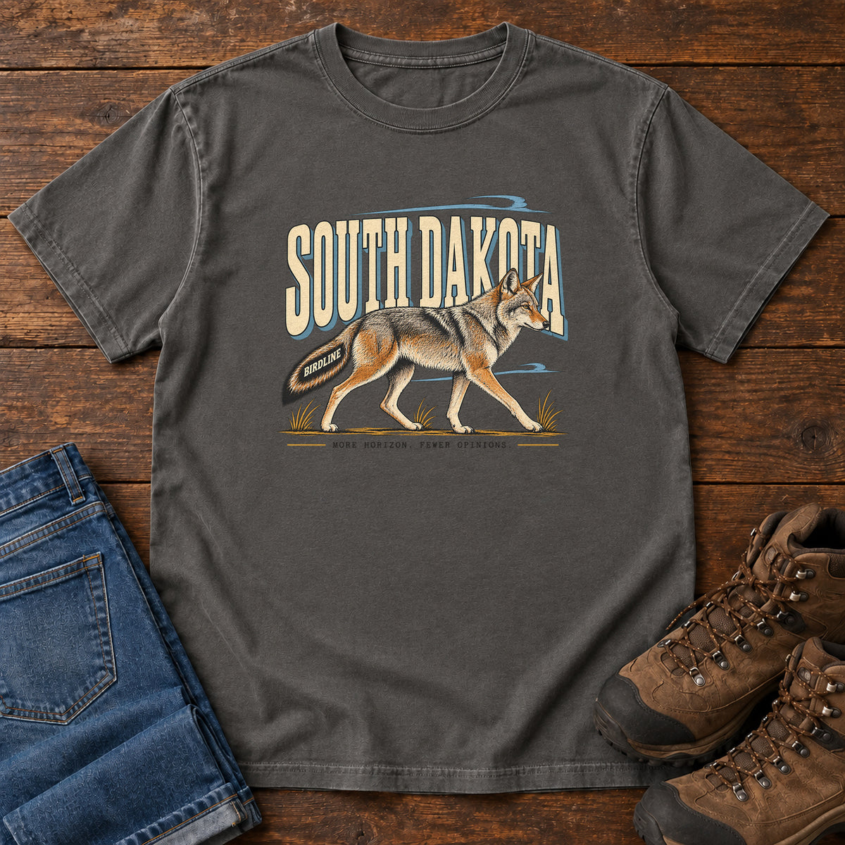 South Dakota More Horizon Fewer Opinions Coyote T-Shirt in Pepper