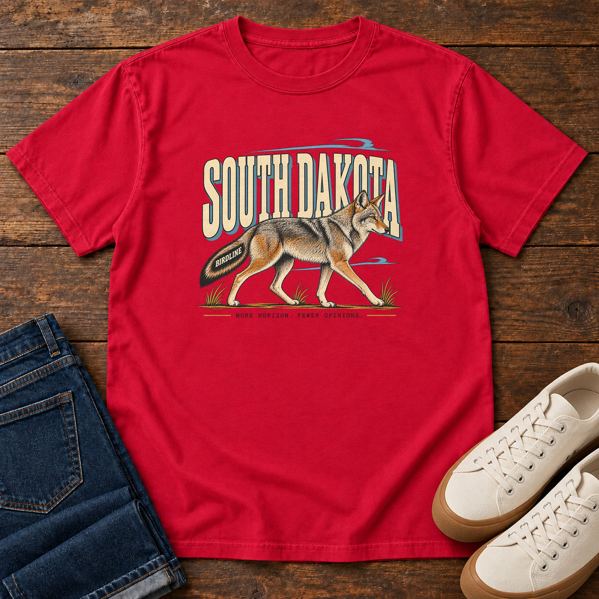 South Dakota More Horizon Fewer Opinions Coyote T-Shirt in Red