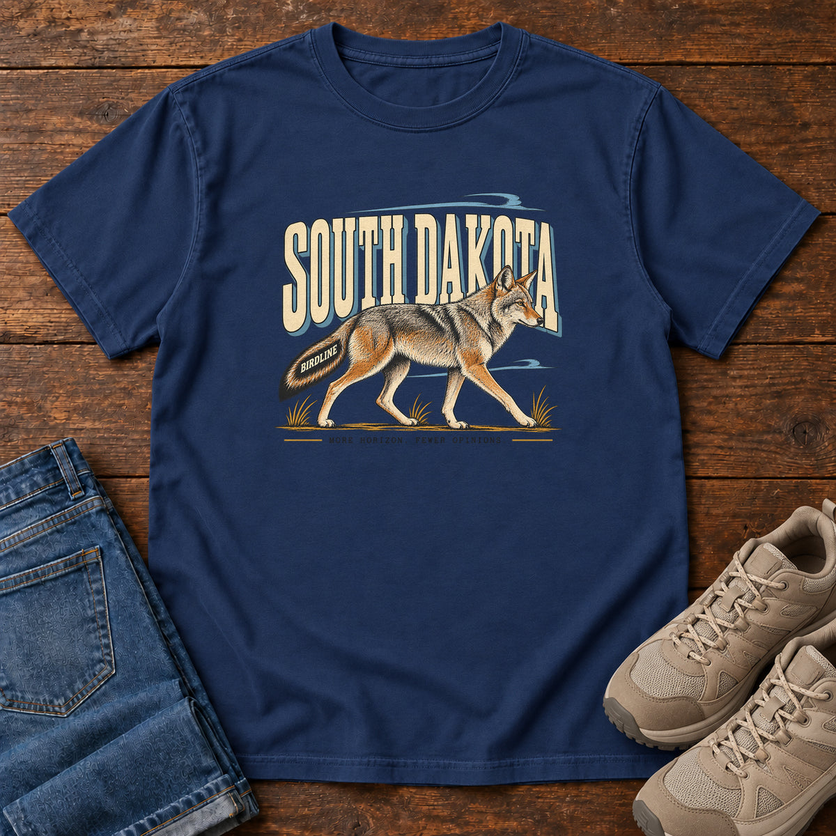 South Dakota More Horizon Fewer Opinions Coyote T-Shirt in True Navy