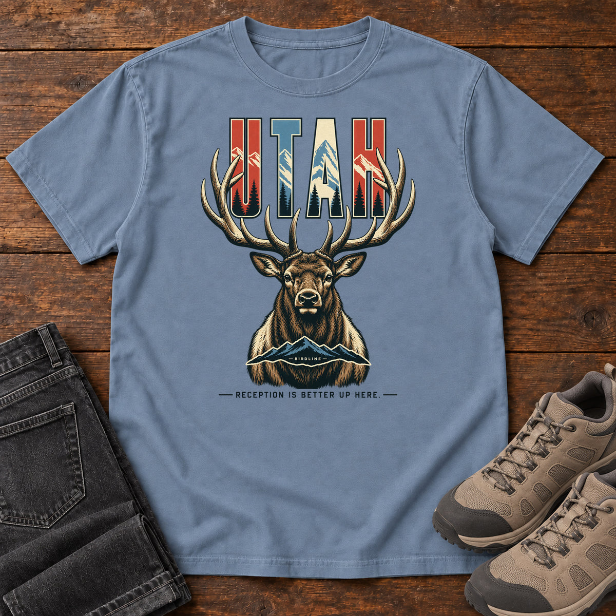Utah Reception Is Better Up Here Elk T-Shirt in Blue Jean