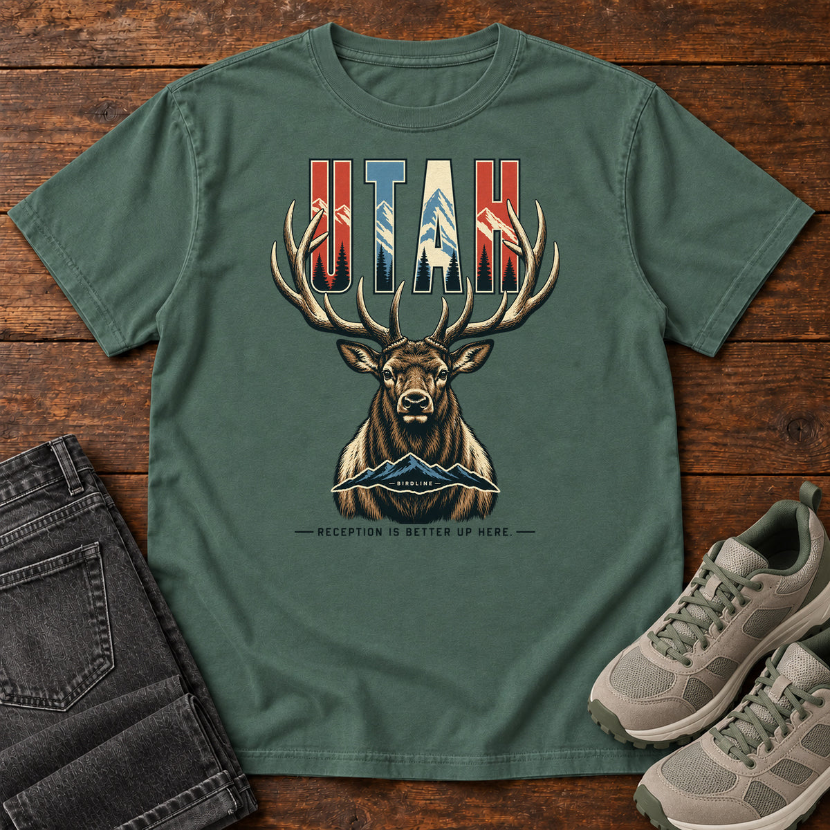 Utah Reception Is Better Up Here Elk T-Shirt in Blue Spruce
