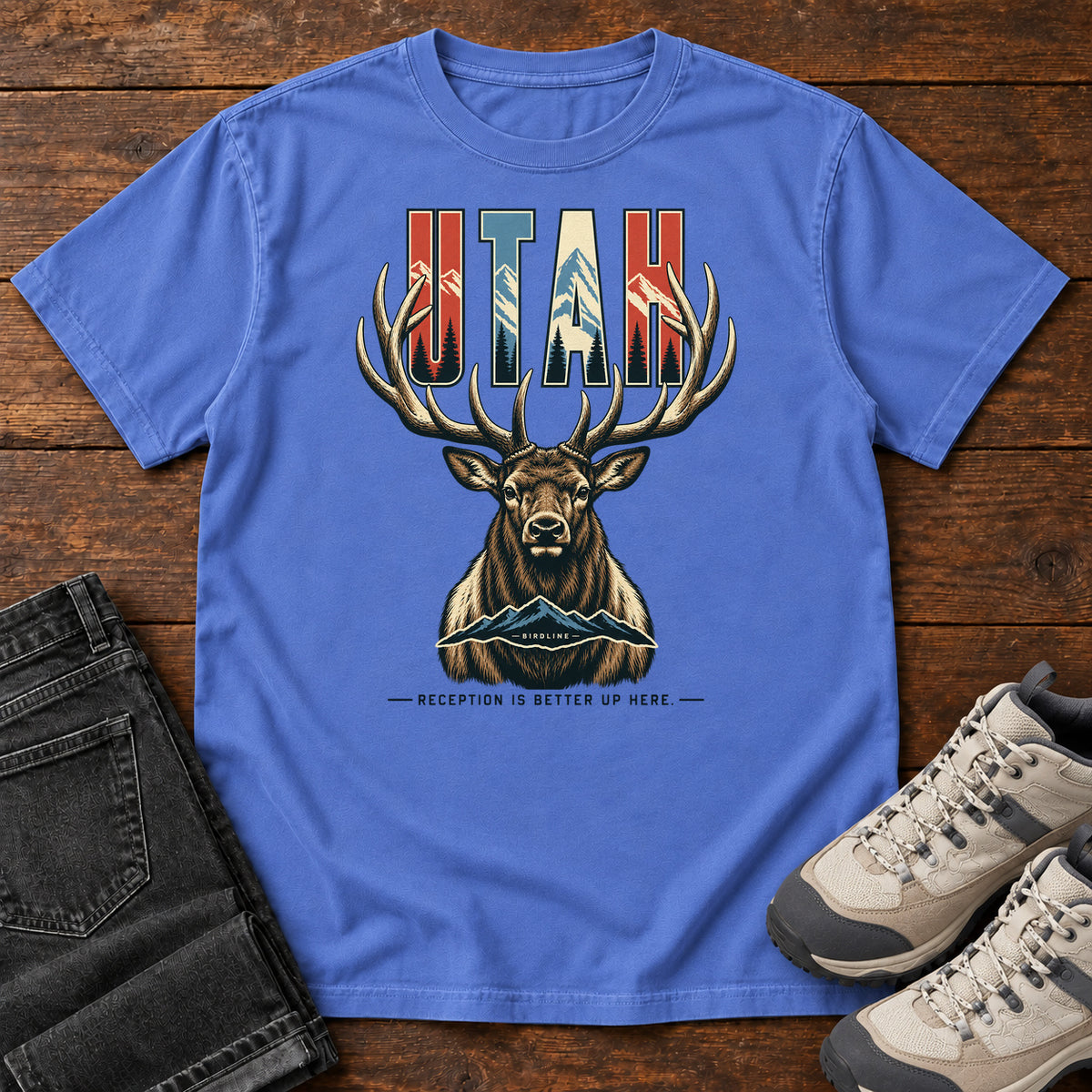 Utah Reception Is Better Up Here Elk T-Shirt in Mystic Blue