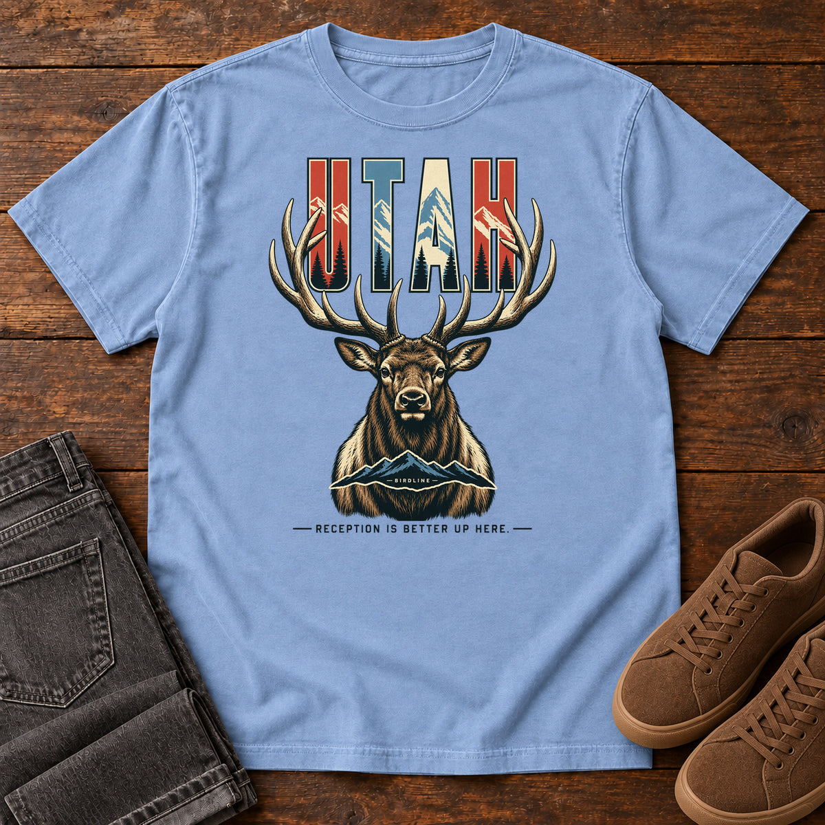 Utah Reception Is Better Up Here Elk T-Shirt in Washed Denim