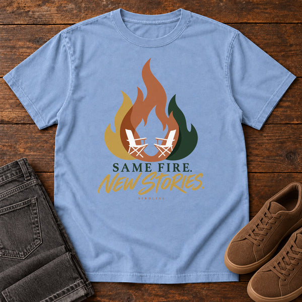 Same Fire New Stories T-Shirt in Washed Denim, front view