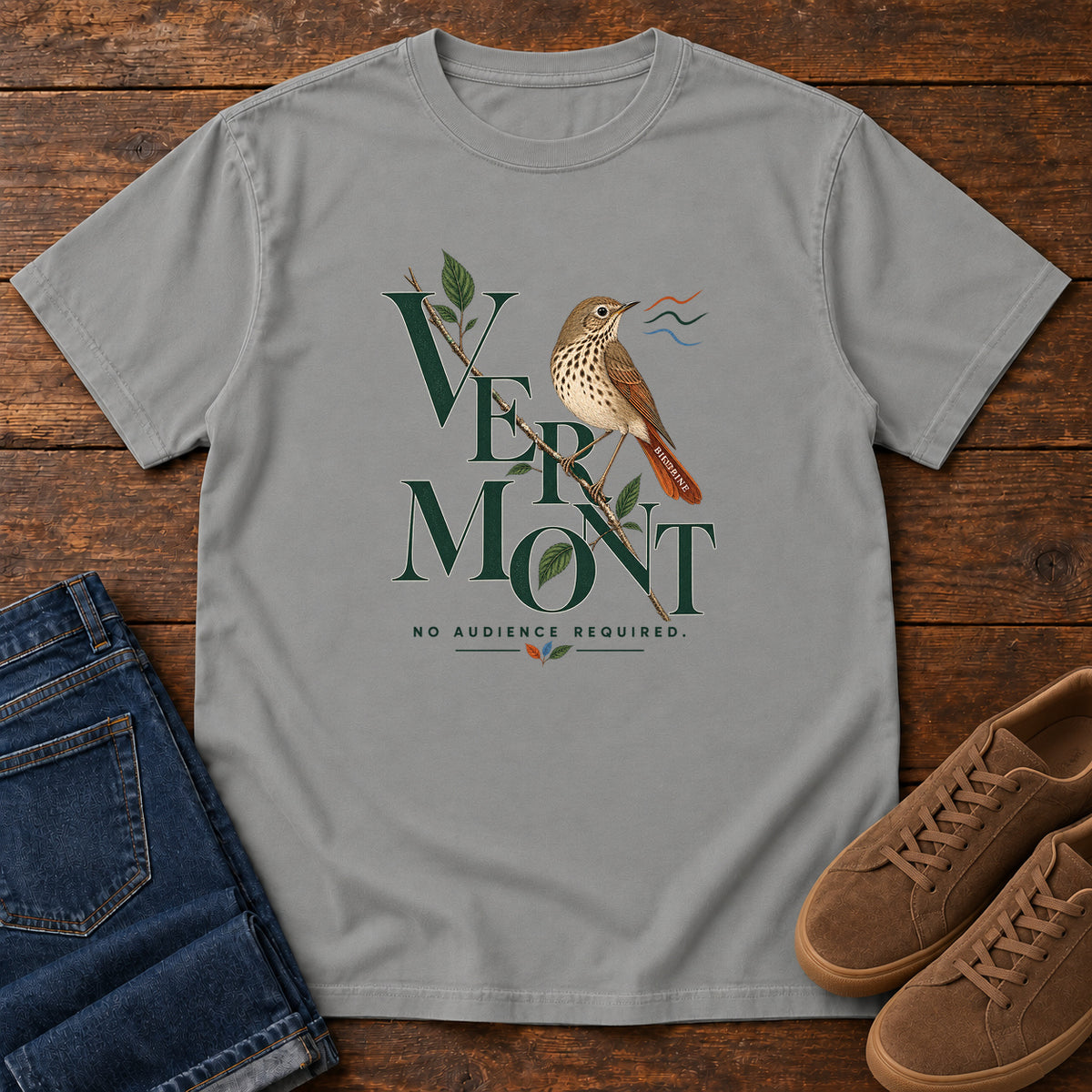 Vermont No Audience Required Thrush T-Shirt in Grey