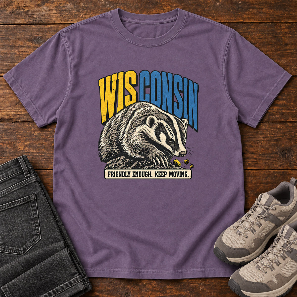 Wisconsin Friendly Enough Keep Moving Badger T-Shirt in Grape