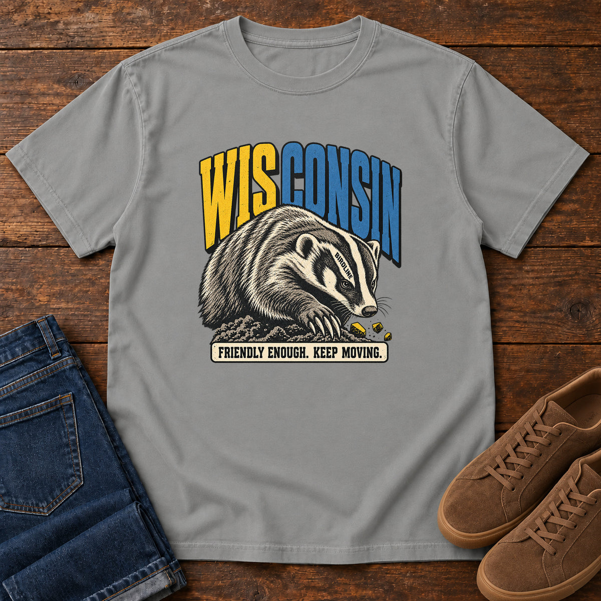 Wisconsin Friendly Enough Keep Moving Badger T-Shirt in Grey