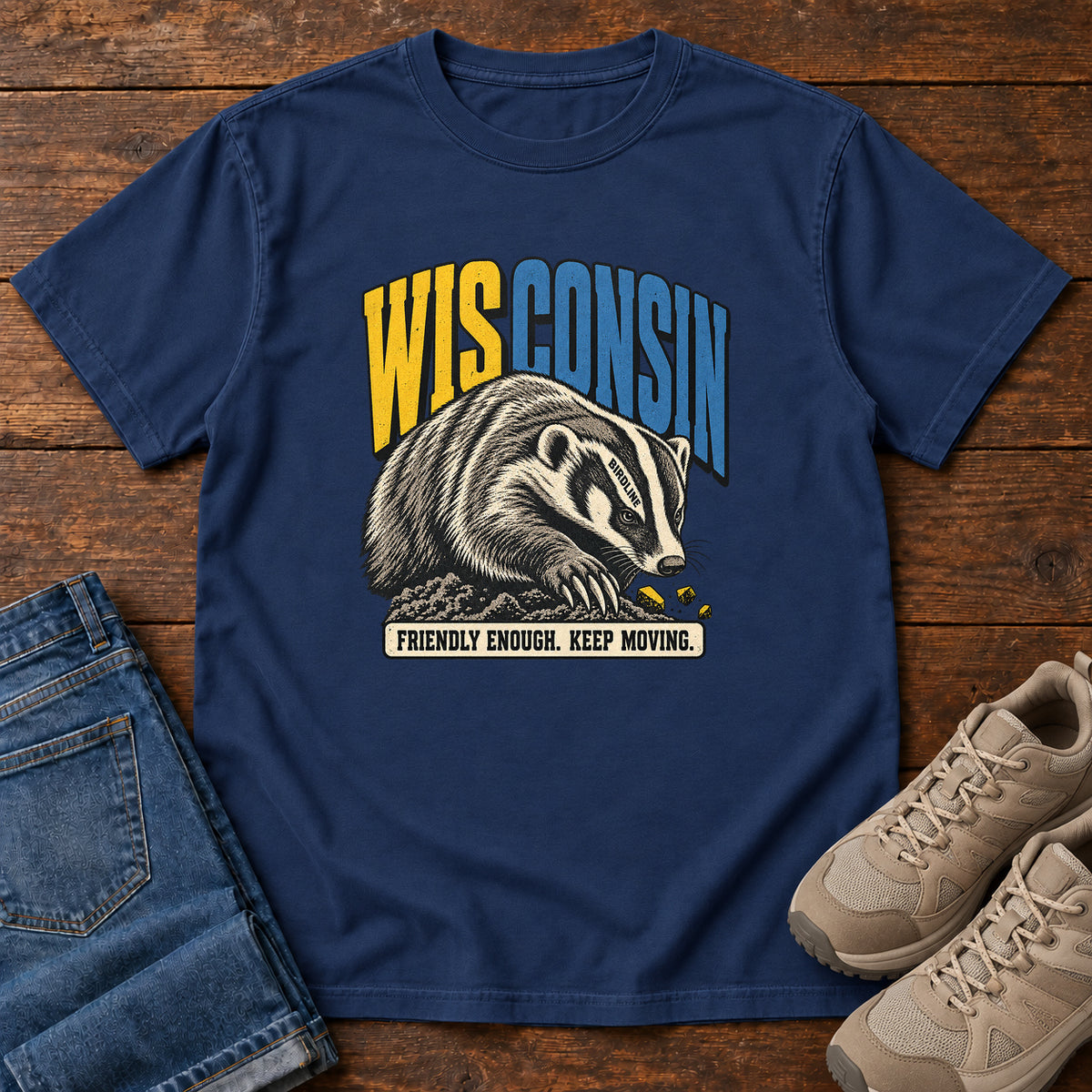 Wisconsin Friendly Enough Keep Moving Badger T-Shirt in True Navy