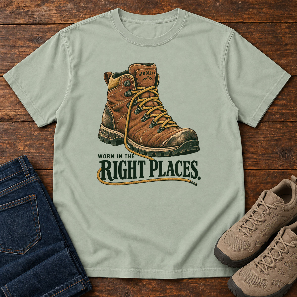 Worn in the Right Places T-Shirt in Bay, front laid flat on wood, featuring a brown lace-up hiking boot above dark green slogan lettering.