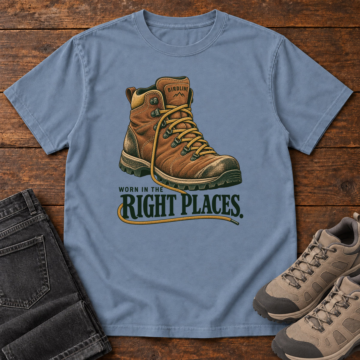 Worn in the Right Places T-Shirt in Blue Jean, front laid flat on wood, featuring a brown lace-up hiking boot above dark green slogan lettering.