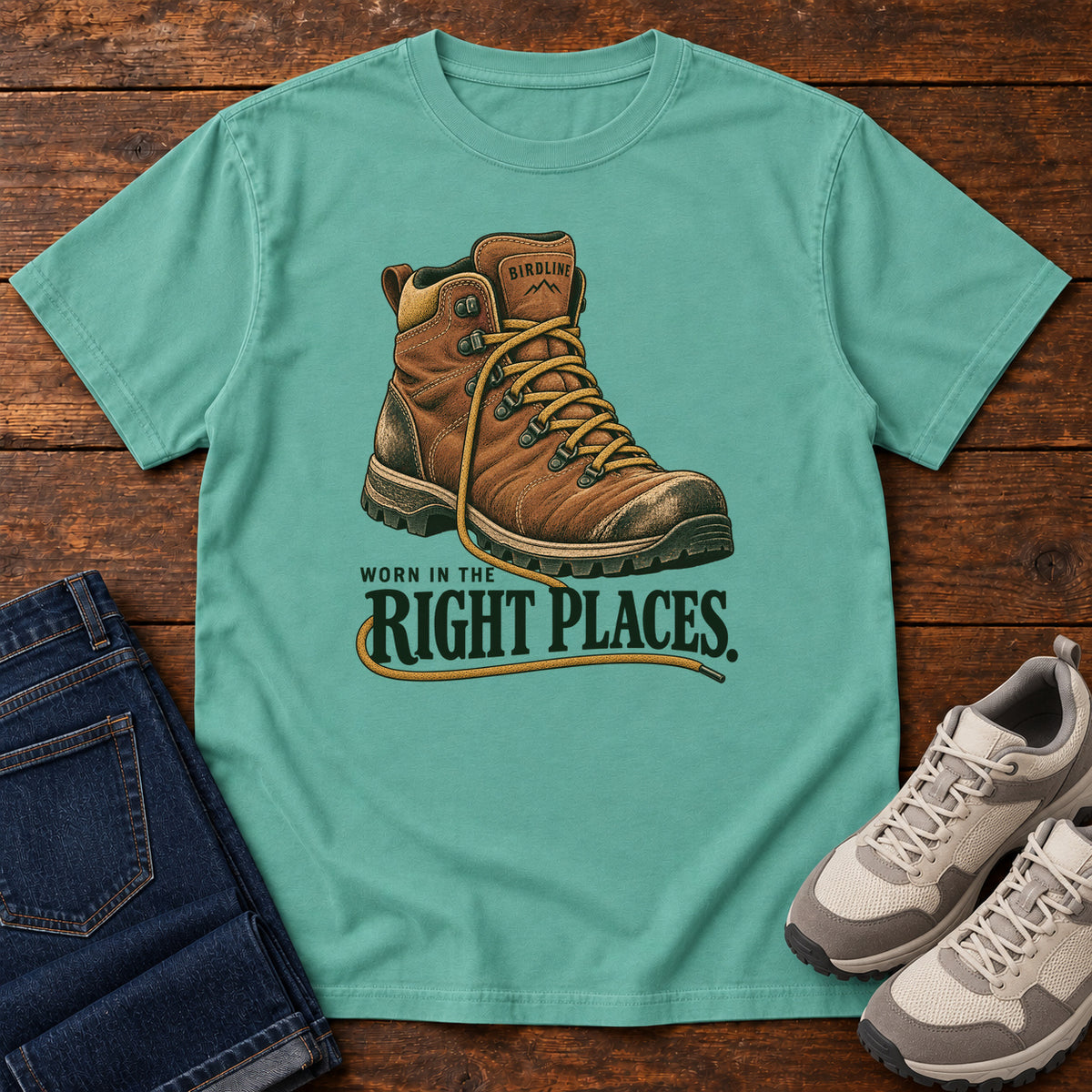 Worn in the Right Places T-Shirt in Seafoam, front laid flat on wood, featuring a brown lace-up hiking boot above dark green slogan lettering.