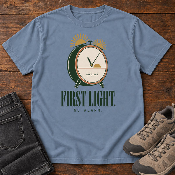 First Light No Alarm T-Shirt in Blue Jean, front view