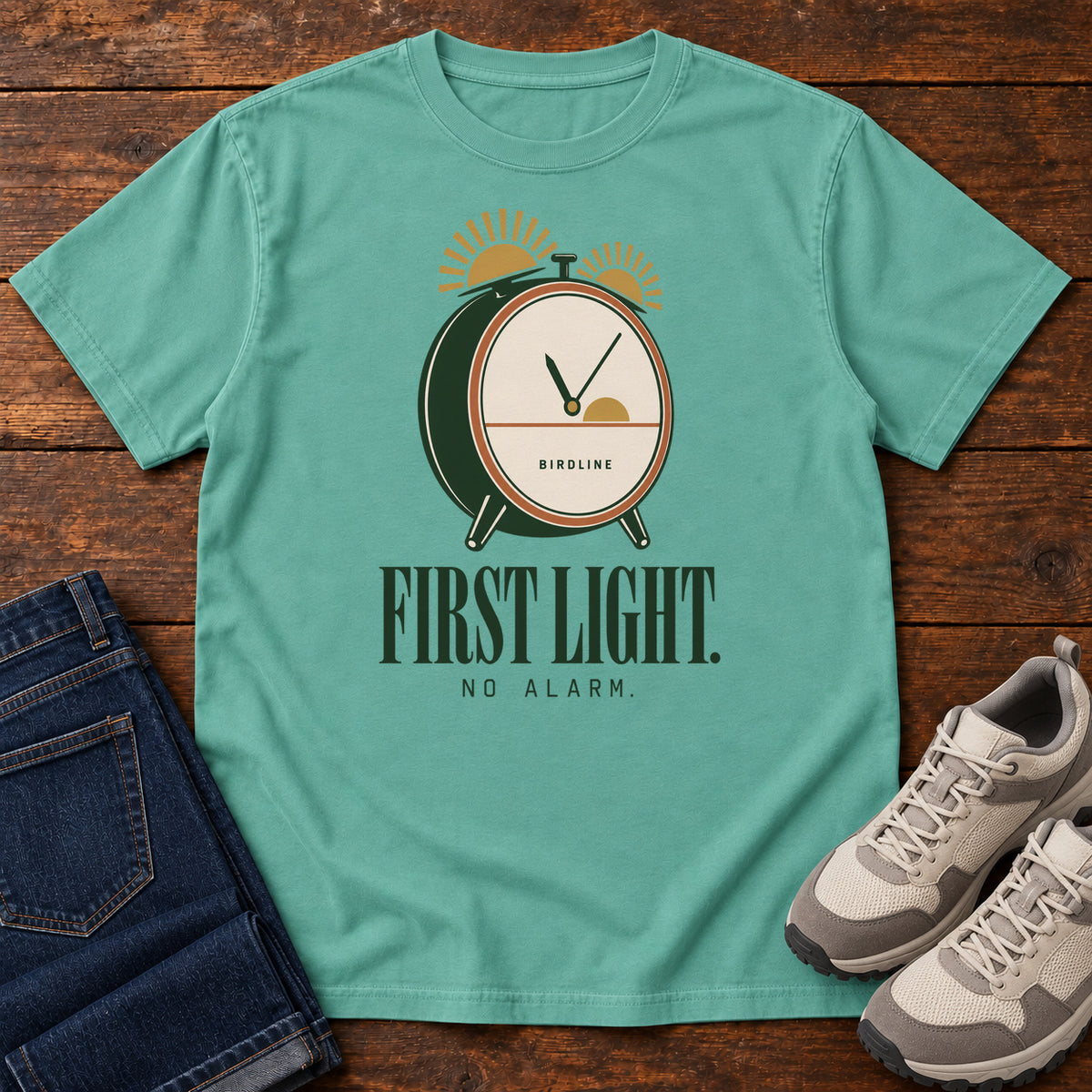 Seafoam First Light No Alarm T-Shirt with a green-and-cream clock with gold sunrise shapes above First Light No Alarm lettering, front flat lay on wood.