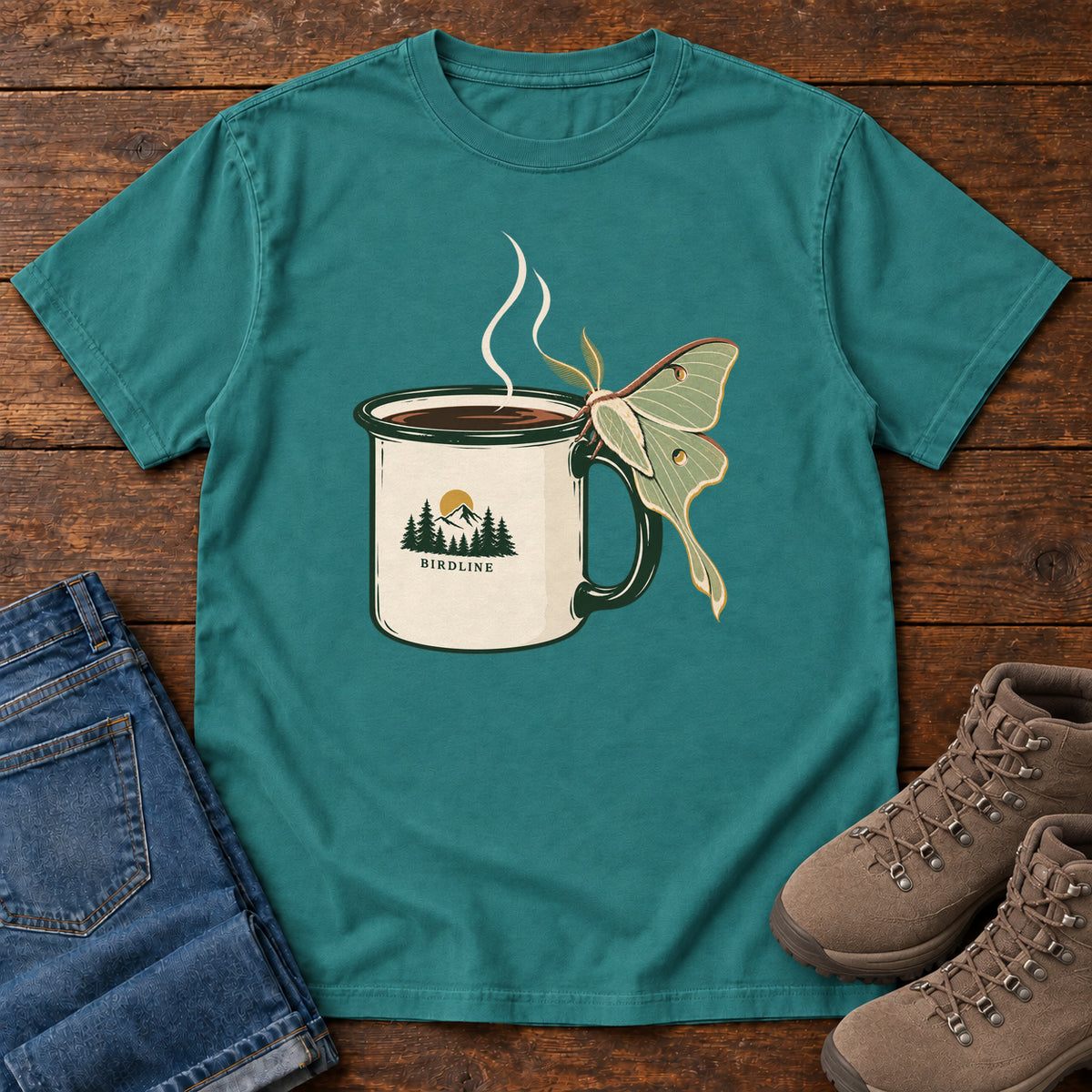 Emerald Coffee and Luna Moth T-Shirt with a steaming cream camp mug with green trim and a pale green long-tailed moth; front flat lay on wood.