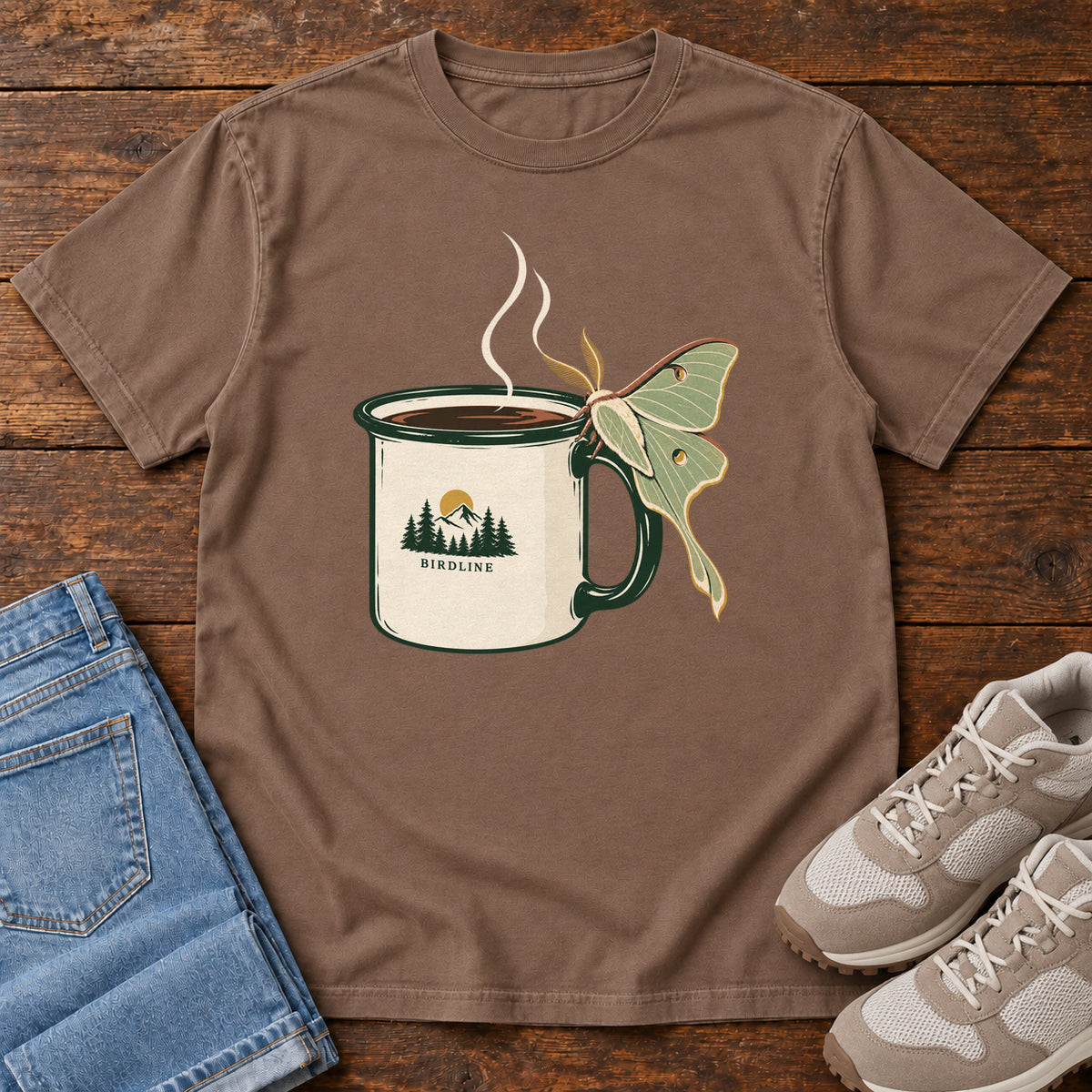 Espresso Coffee and Luna Moth T-Shirt with a steaming cream camp mug with green trim and a pale green long-tailed moth; front flat lay on wood.