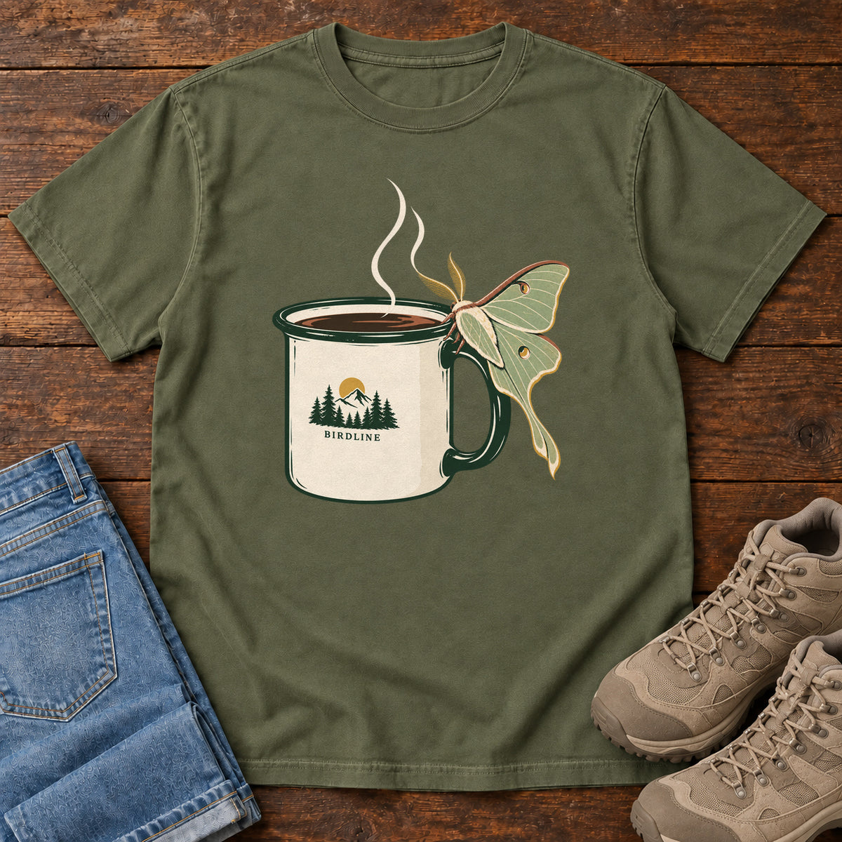 Hemp Coffee and Luna Moth T-Shirt with a steaming cream camp mug with green trim and a pale green long-tailed moth; front flat lay on wood.