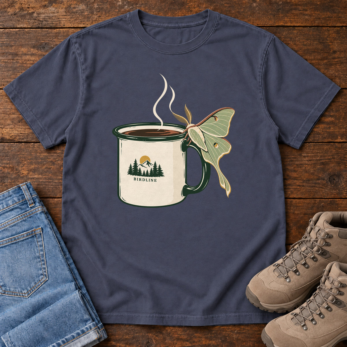 Navy Coffee and Luna Moth T-Shirt with a steaming cream camp mug with green trim and a pale green long-tailed moth; front flat lay on wood.