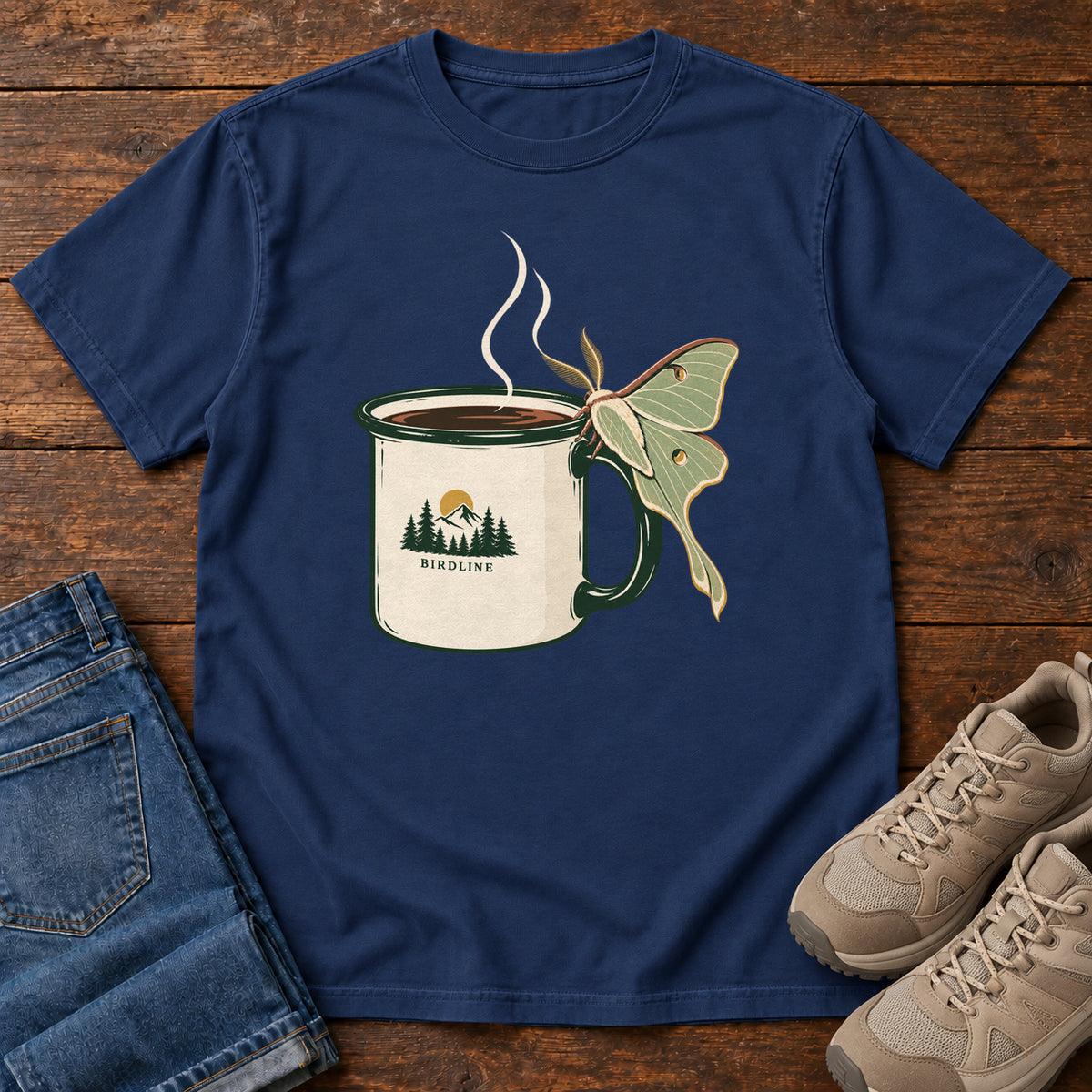 True Navy Coffee and Luna Moth T-Shirt with a steaming cream camp mug with green trim and a pale green long-tailed moth; front flat lay on wood.