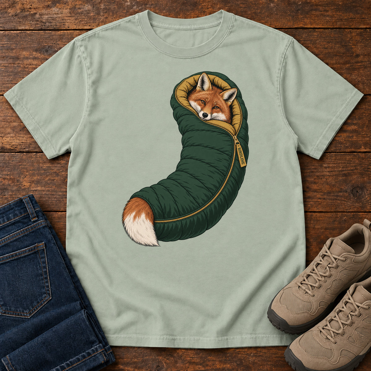 Bay Fox in a Sleeping Bag T-Shirt with an orange fox tucked into a green sleeping bag with its white-tipped tail showing; front flat lay on wood.