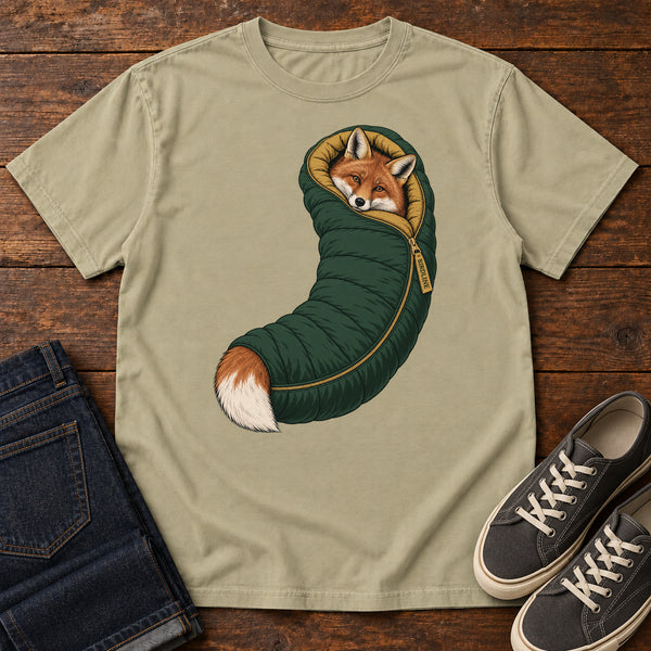 Fox in a Sleeping Bag T-Shirt in Khaki, front view