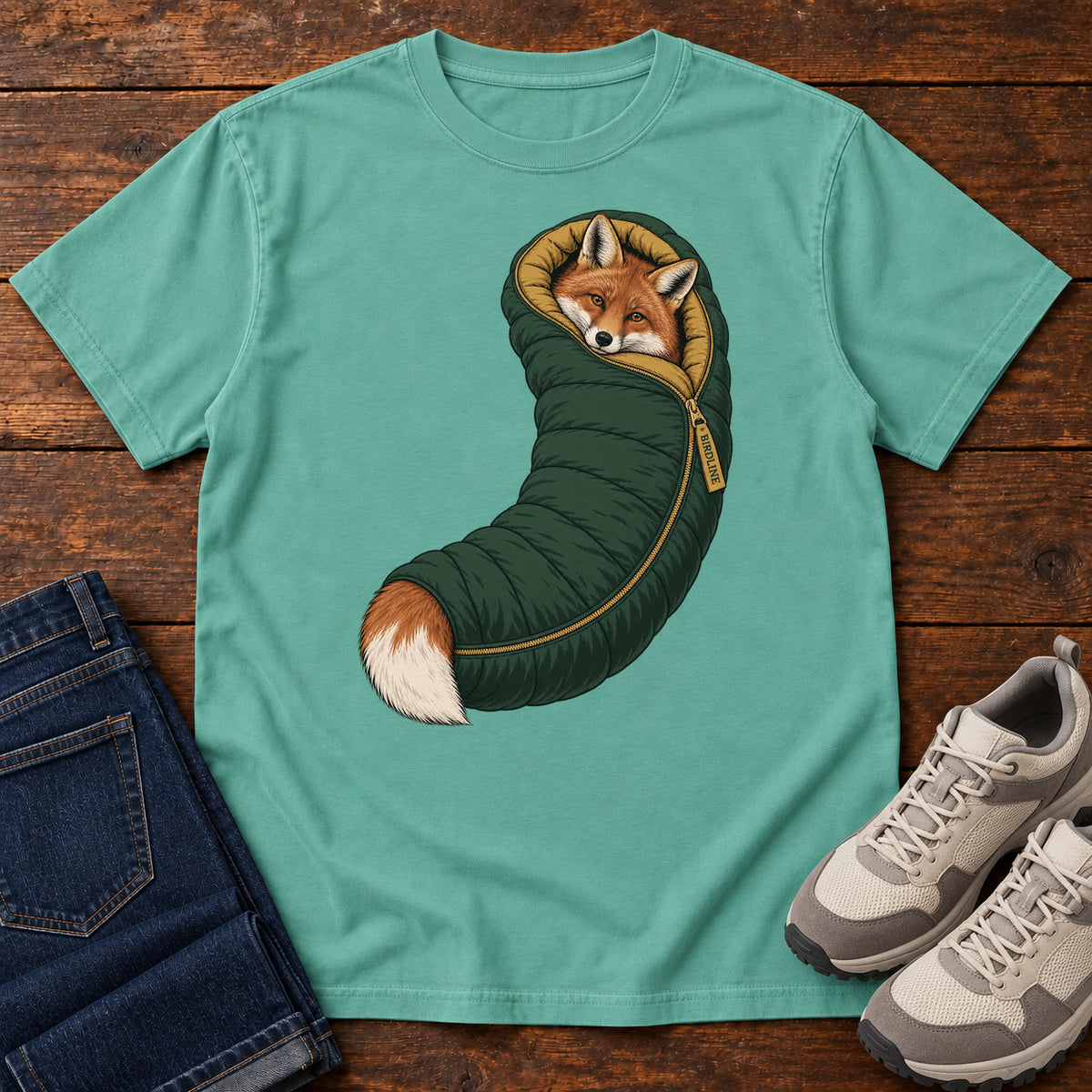 Seafoam Fox in a Sleeping Bag T-Shirt with an orange fox tucked into a green sleeping bag with its white-tipped tail showing; front flat lay on wood.