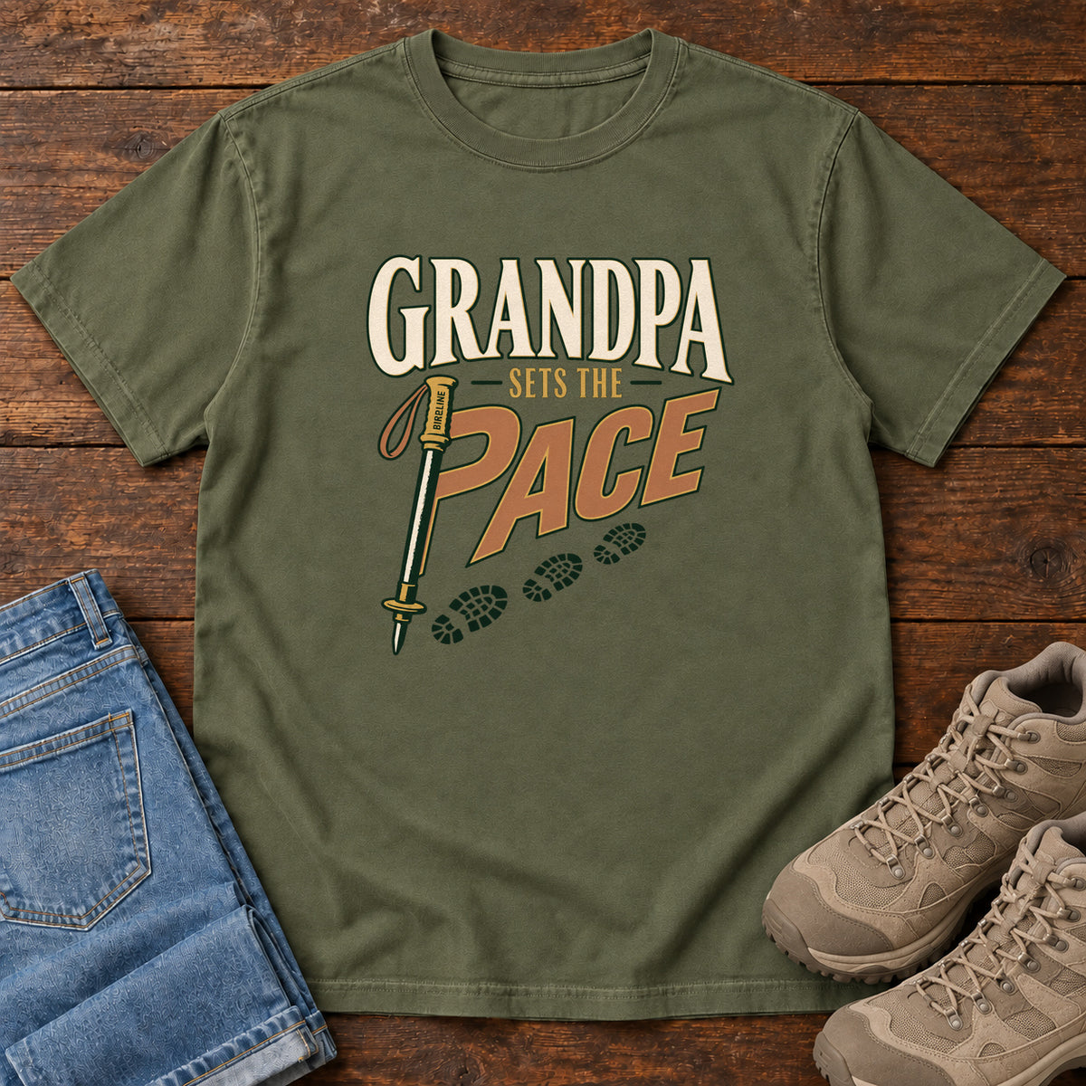 Grandpa Sets the Pace T-Shirt in Hemp, front laid flat on wood, featuring cream-and-orange slogan lettering beside a trekking pole and a trail of boot prints.