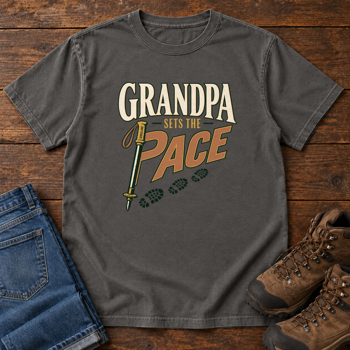 Grandpa Sets the Pace T-Shirt in Pepper, front laid flat on wood, featuring cream-and-orange slogan lettering beside a trekking pole and a trail of boot prints.