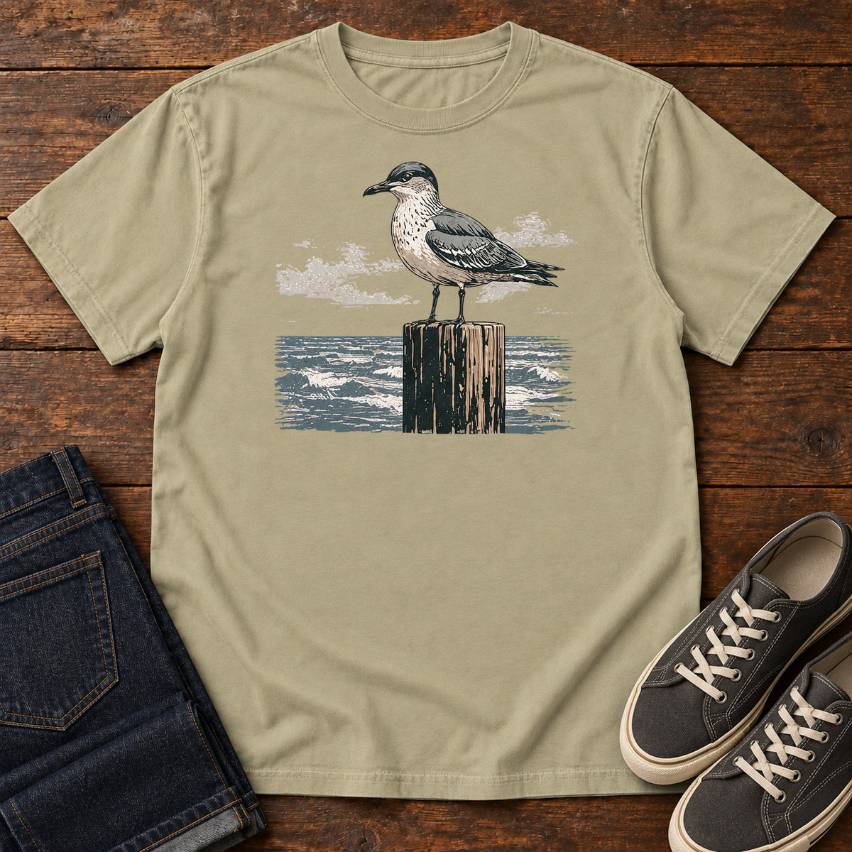 Gull On A Piling T-Shirt in Khaki
