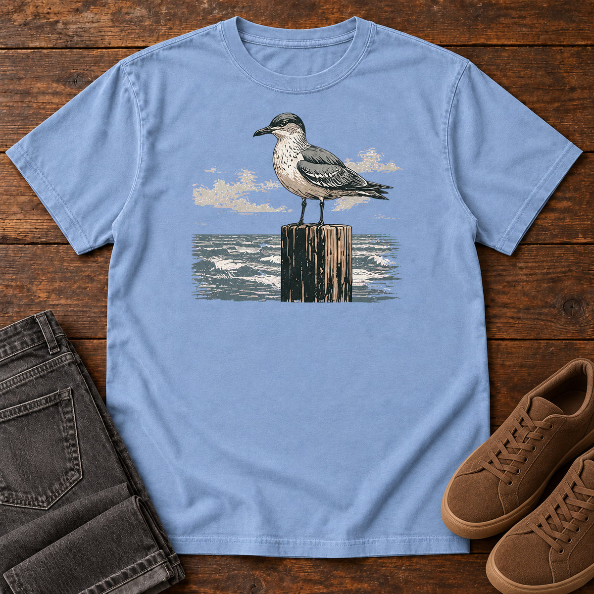 Gull On A Piling T-Shirt in Washed Denim