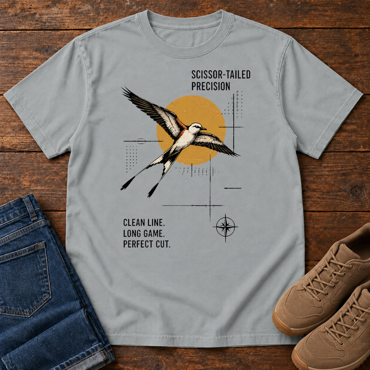 Granite Scissor Tailed Precision T-Shirt with a long, fork-tailed bird in flight over an ochre circle and technical-style linework, front flat lay on wood.