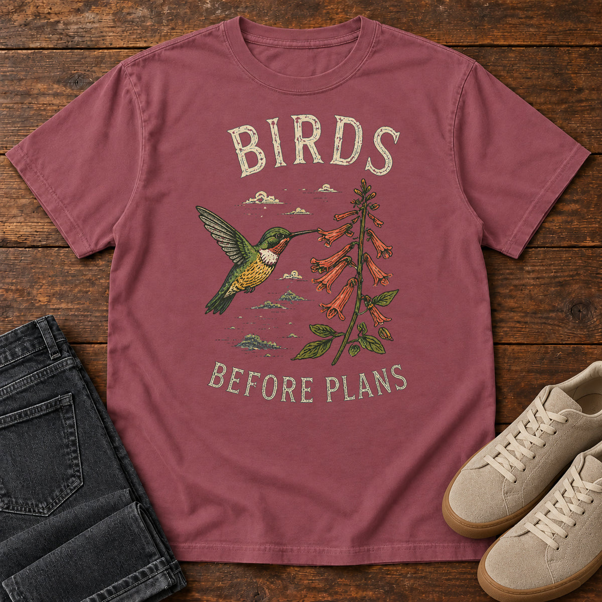 Birds Before Plans Hummingbird T-shirt in Brick