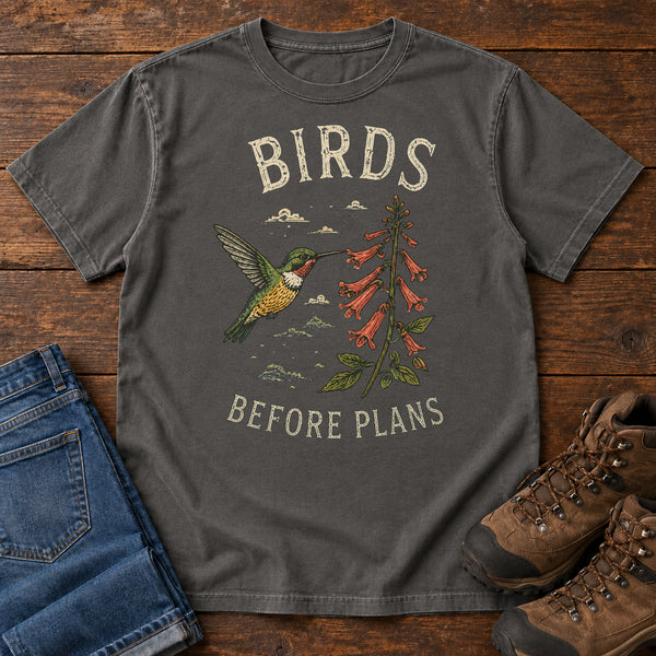 Birds Before Plans Hummingbird T-shirt in Pepper, front view