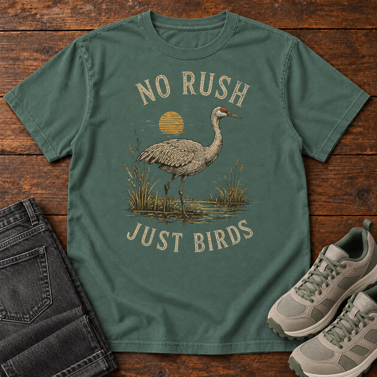 No Rush Just Birds Crane T-shirt in Blue Spruce