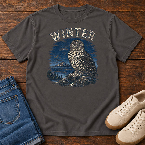 Winter Owl T-shirt in Graphite, front view