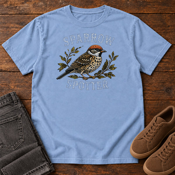 Sparrow Spotter T-shirt in Washed Denim, front view