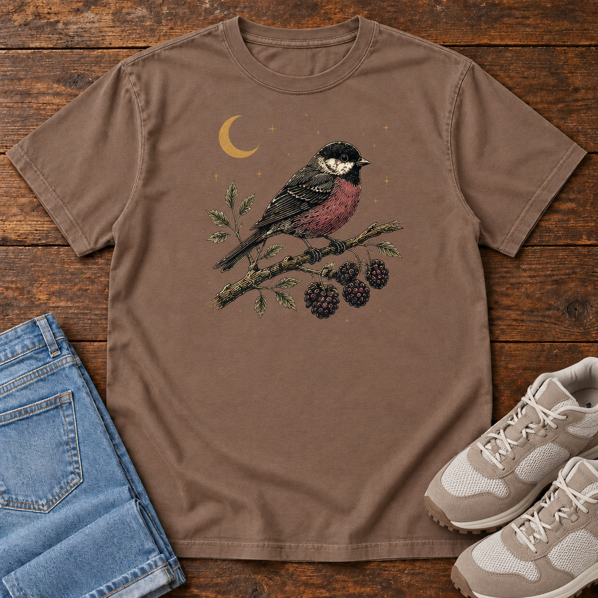 Chickadee and Brambles T-shirt in Espresso