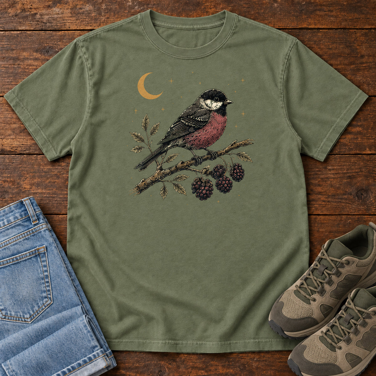 Chickadee and Brambles T-shirt in Moss