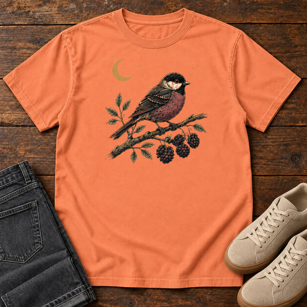 Chickadee and Brambles T-shirt in Terracotta, front view